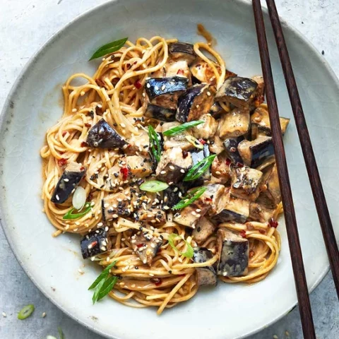 Aubergine & sesame dan-dan-style noodles