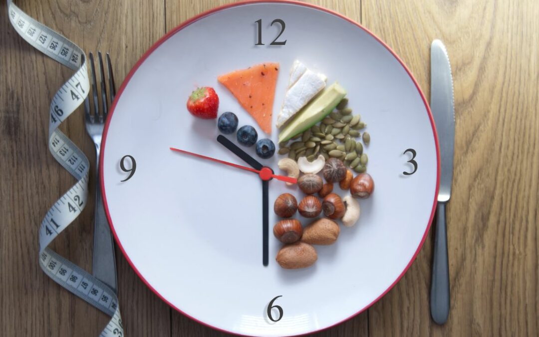 Clock face with food items representing eating period and a blank section indicating fasting time in relation to Intermittent Fasting.